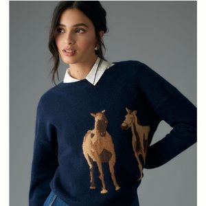 Anthropologie Maeve Cashmere Intarsia Horse Sweater Navy XL